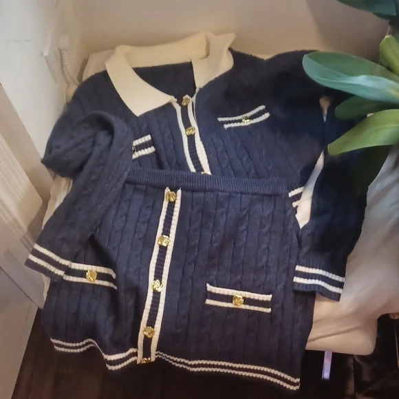 MICAS Navy Blue Soft Stretch Cable Knit Cardigan & Mini Skirt Set XL - Picture 6 of 6